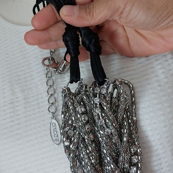 Chico's Chunky Braided Silver Tone Mesh Chains and Rhinestones Strands Necklace - Picture 7 of 7